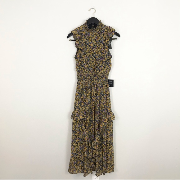 Lulus XS Evalina Midi Dress High Neck Floral Yellow Purple - Picture 3 of 16